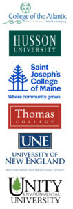 Logos for College of the Atlantic, Husson, Saint Joeseph's College, Thomas, University of New England, Unity University